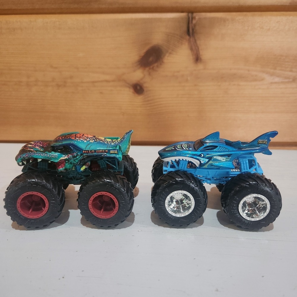 Lot 2 Hot Wheel Monster Jam Truck Shark Wreak Mega Wrex Diecast Trex Shark 1:64